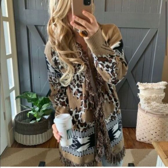 New Trendy Boho Western Flare Animal Print Oversized Leopard Cardigan Sweater - Picture 6 of 11